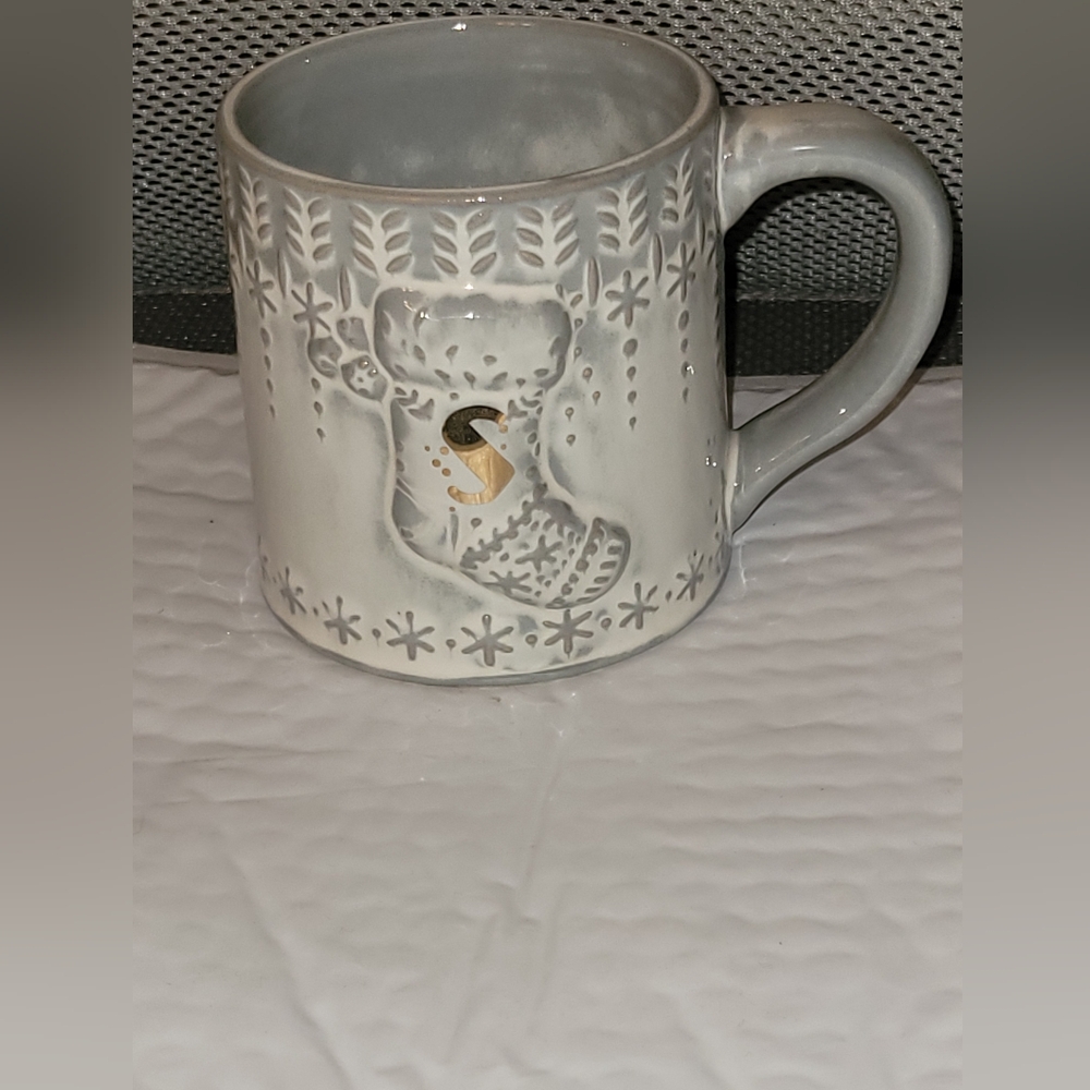 Anthropologie Holiday Ceramic Mug with S Letter Gold Detail